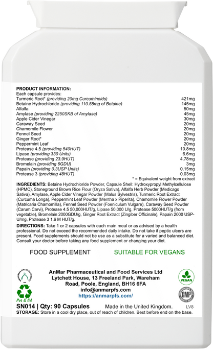 Back view of AnMar™ DigestEase showing full supplement facts, enzyme blend, herbal ingredients like turmeric and peppermint leaf, usage directions, vegan certification, and manufacturer information.