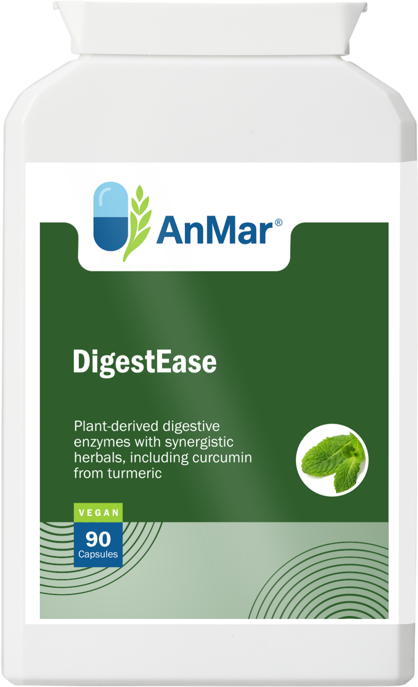 Front label of AnMar™ DigestEase supplement showing 90 vegan capsules, designed with plant-derived enzymes and herbal extracts for digestive support.