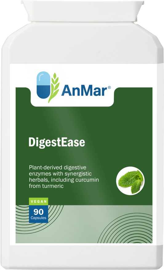 Front label of AnMar™ DigestEase supplement showing 90 vegan capsules, designed with plant-derived enzymes and herbal extracts for digestive support.