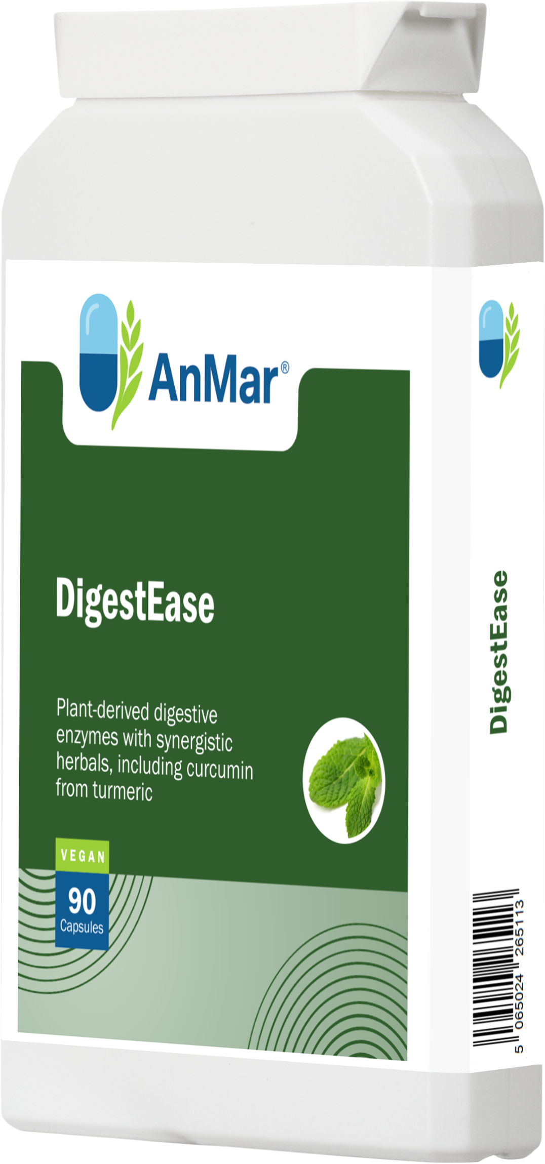 Left angled front view of AnMar™ DigestEase supplement bottle with 90 vegan capsules featuring turmeric, peppermint, and plant-based enzymes for digestive health.