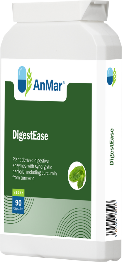 Left angled front view of AnMar™ DigestEase supplement bottle with 90 vegan capsules featuring turmeric, peppermint, and plant-based enzymes for digestive health.