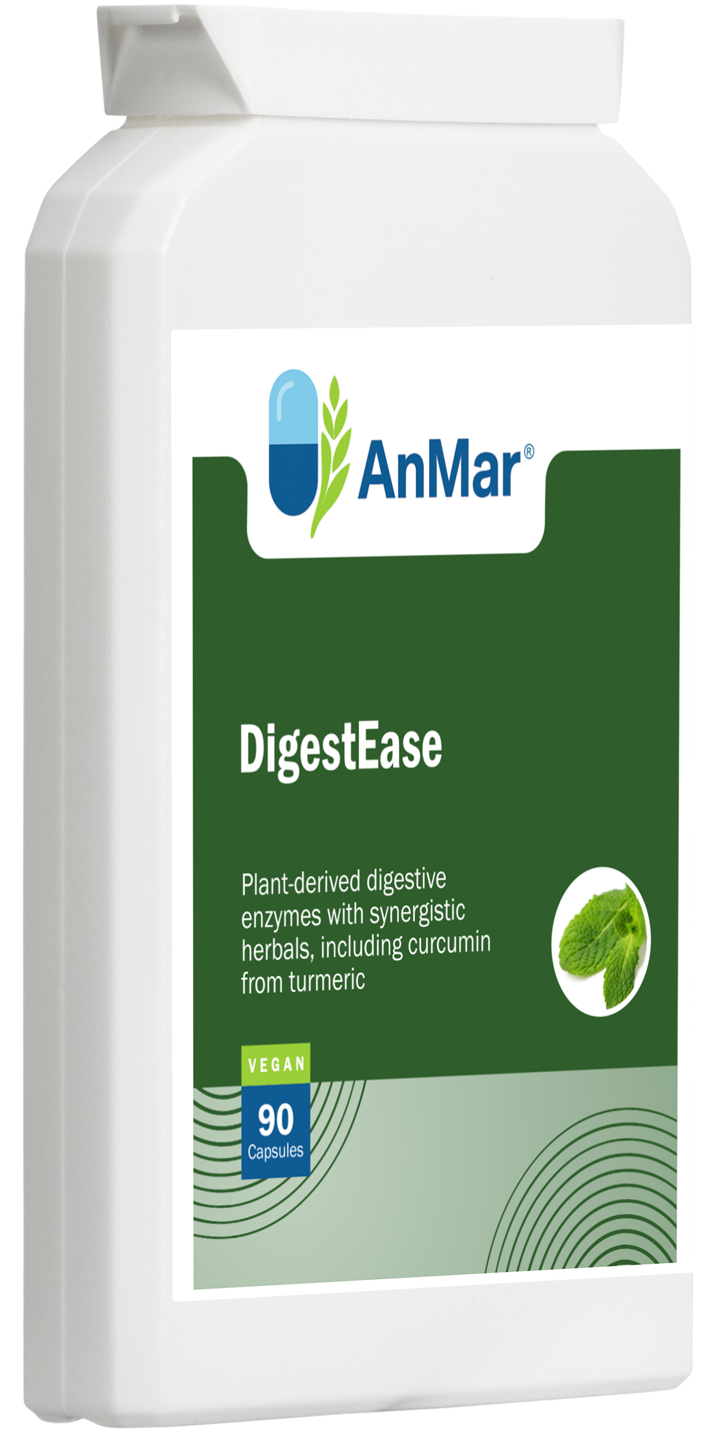 Angled front view of AnMar™ DigestEase bottle showing vegan 90 capsule pack with plant-derived enzymes, turmeric, and synergistic herbal blend for digestive support.