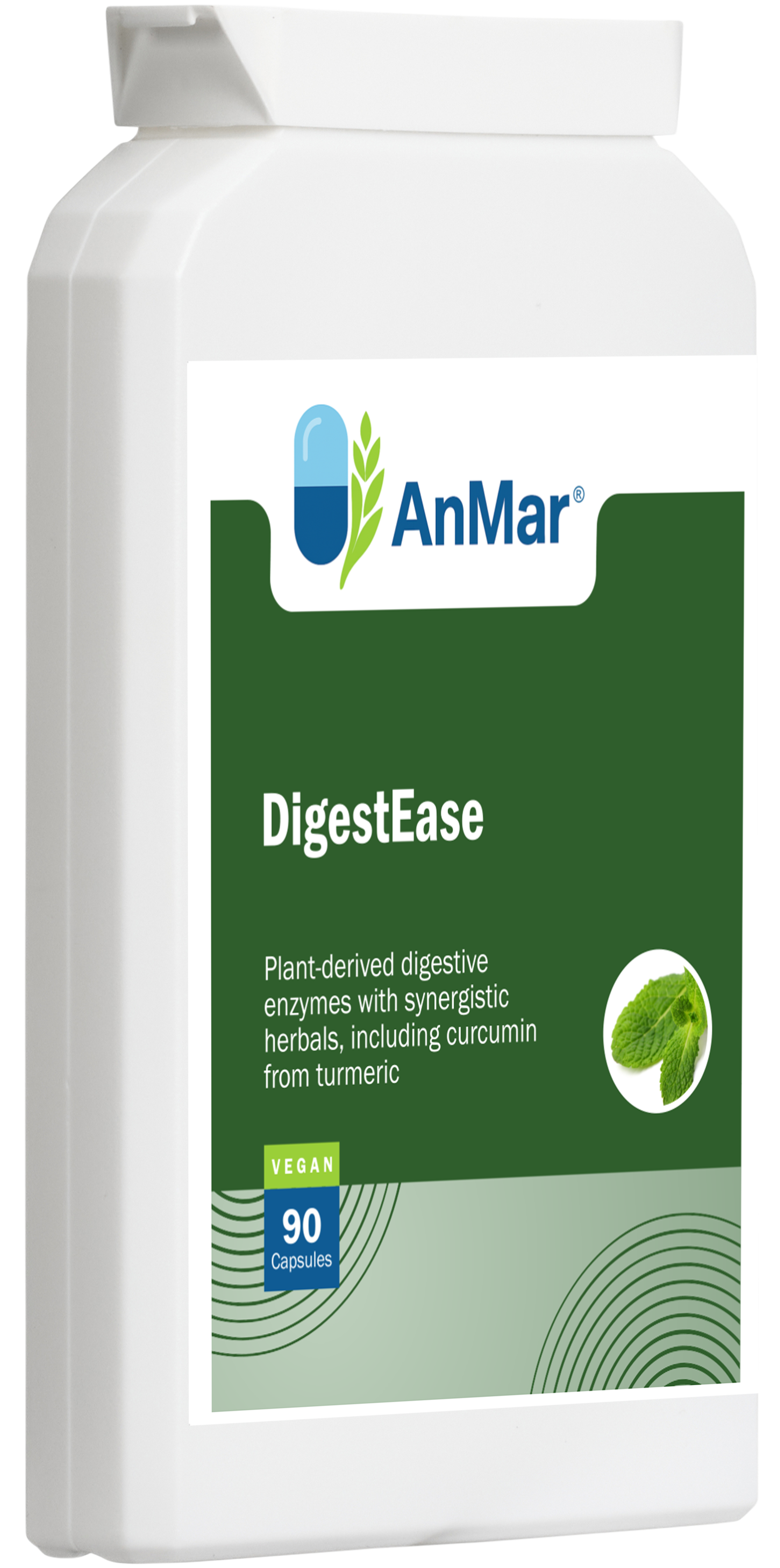 Angled front view of AnMar™ DigestEase bottle showing vegan 90 capsule pack with plant-derived enzymes, turmeric, and synergistic herbal blend for digestive support.