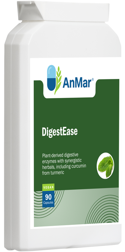Angled front view of AnMar™ DigestEase bottle showing vegan 90 capsule pack with plant-derived enzymes, turmeric, and synergistic herbal blend for digestive support.