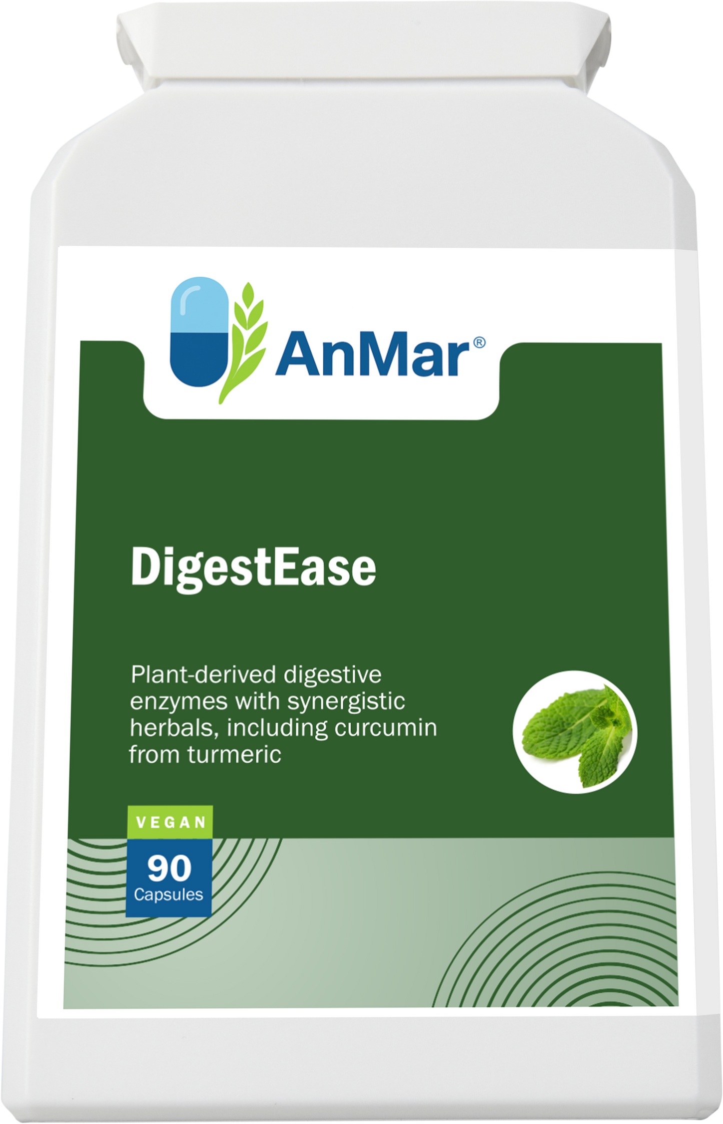Flat front-facing image of AnMar™ DigestEase supplement showing label with 90 vegan capsules, featuring plant enzymes and turmeric-based herbal support for digestion.