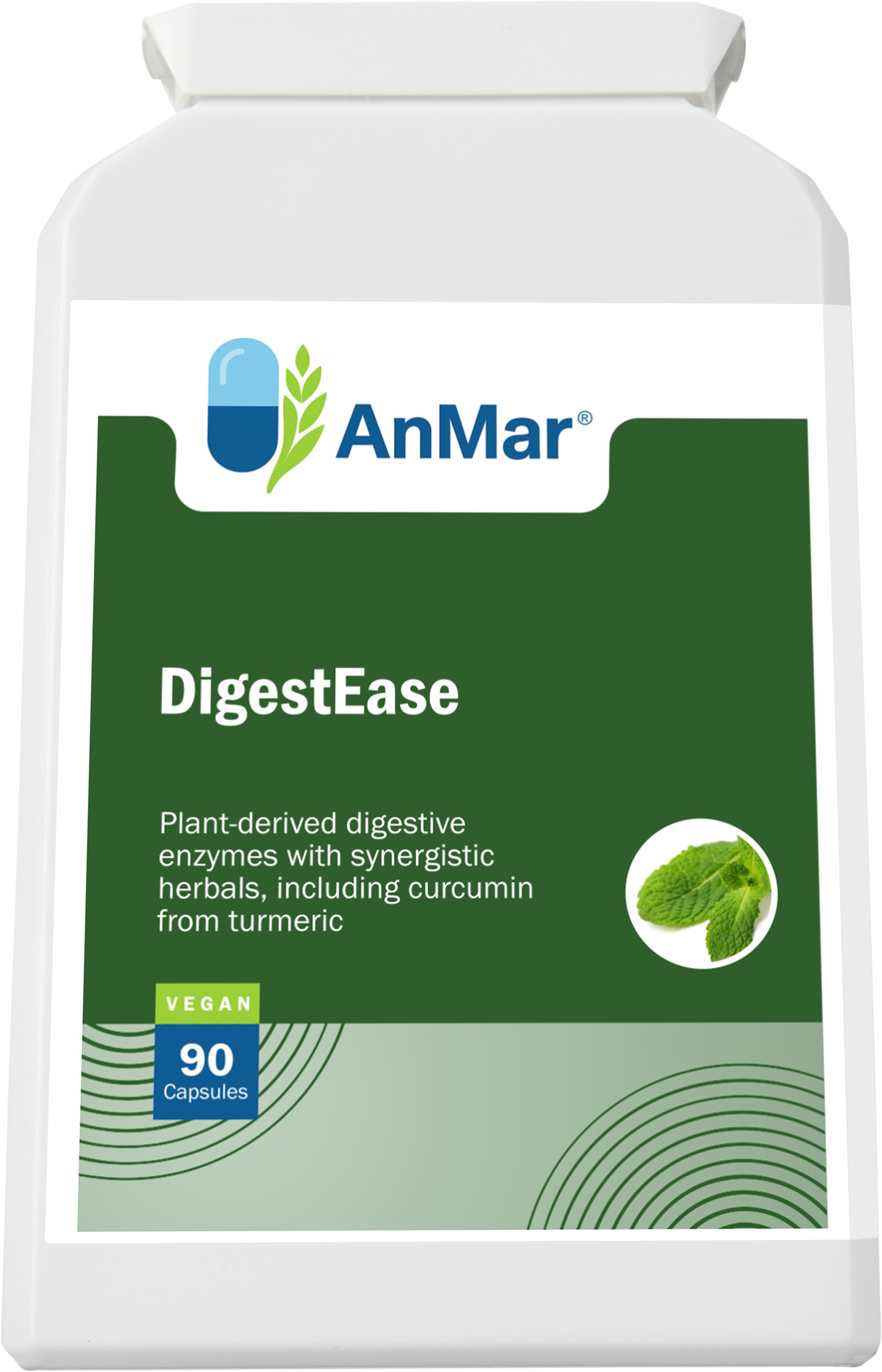 Flat front-facing image of AnMar™ DigestEase supplement showing label with 90 vegan capsules, featuring plant enzymes and turmeric-based herbal support for digestion.