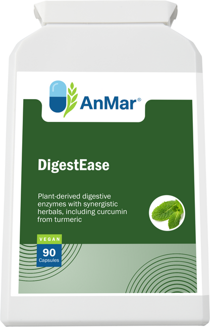 Flat front-facing image of AnMar™ DigestEase supplement showing label with 90 vegan capsules, featuring plant enzymes and turmeric-based herbal support for digestion.