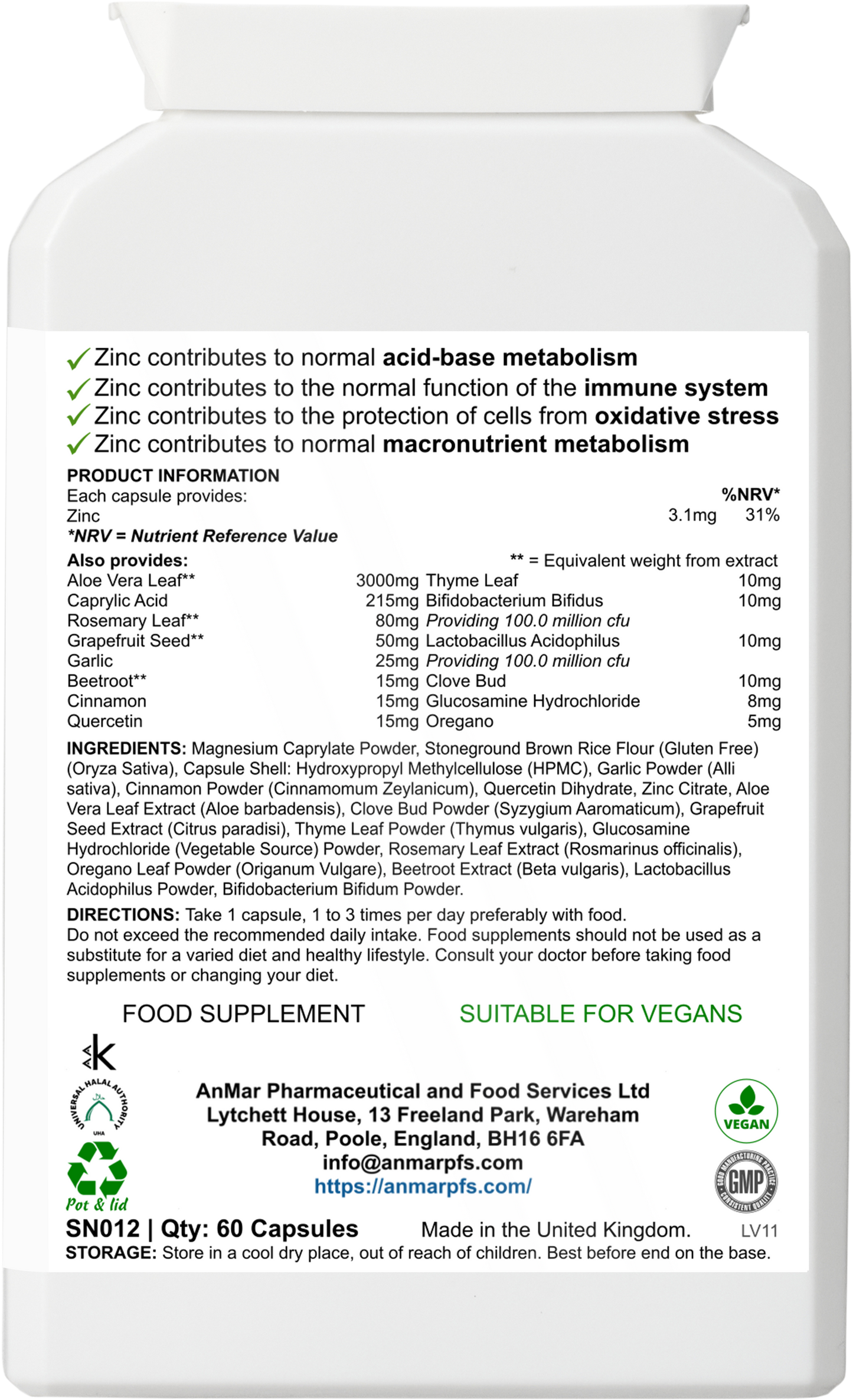 Back label of AnMar™ DigestiShield supplement showing nutritional information, ingredients list, usage directions, and manufacturer details.