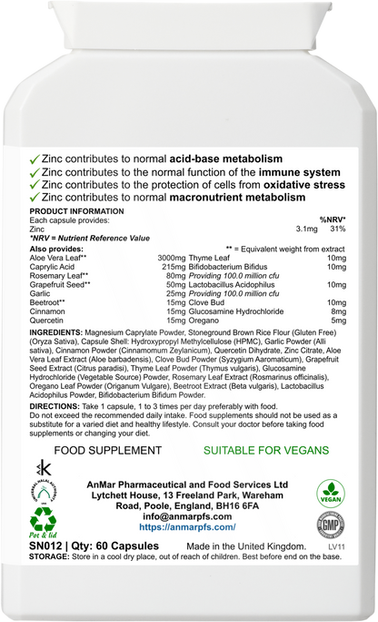 Back label of AnMar™ DigestiShield supplement showing nutritional information, ingredients list, usage directions, and manufacturer details.