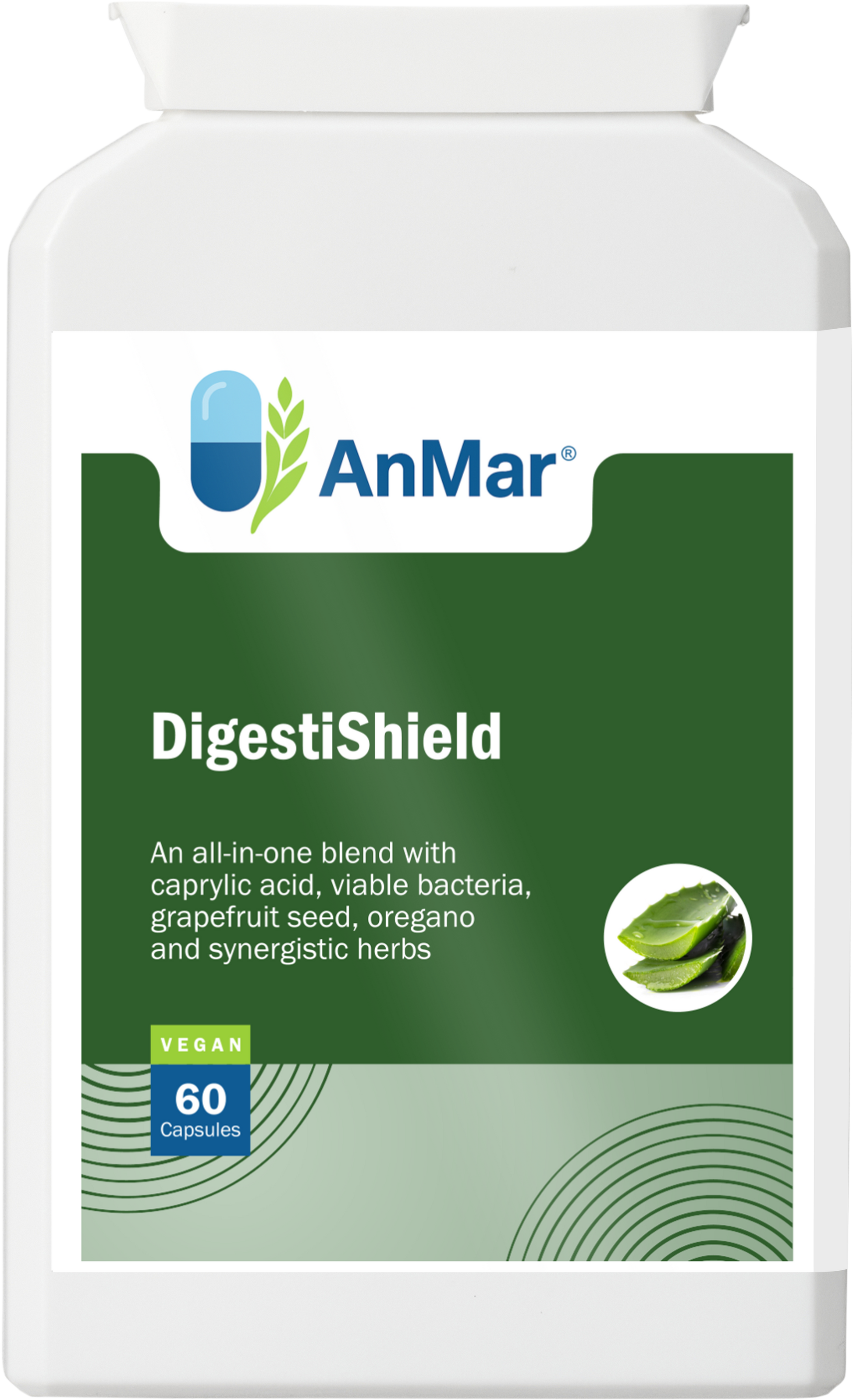 Front label of AnMar™ DigestiShield supplement bottle showing product name, vegan badge, and key benefits including caprylic acid, live bacteria, and herbs for digestive support.