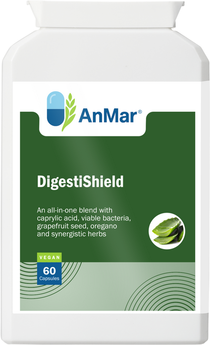 Front label of AnMar™ DigestiShield supplement bottle showing product name, vegan badge, and key benefits including caprylic acid, live bacteria, and herbs for digestive support.