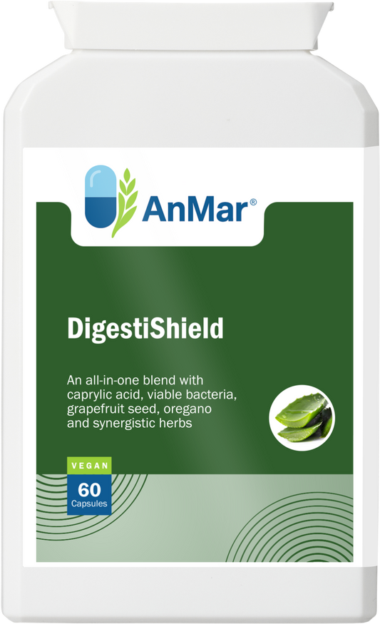 Front label of AnMar™ DigestiShield supplement bottle showing product name, vegan badge, and key benefits including caprylic acid, live bacteria, and herbs for digestive support.