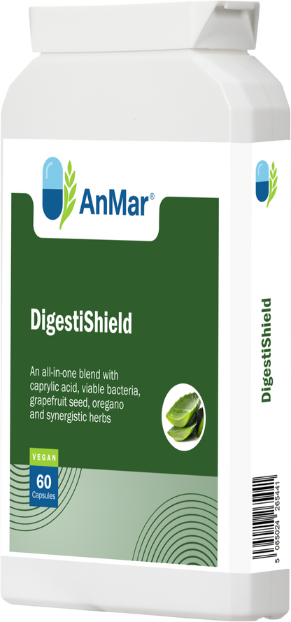 Side-angled view of AnMar™ DigestiShield supplement bottle with blue label, featuring key ingredients like caprylic acid, probiotics, oregano, and grapefruit seed for digestive health.