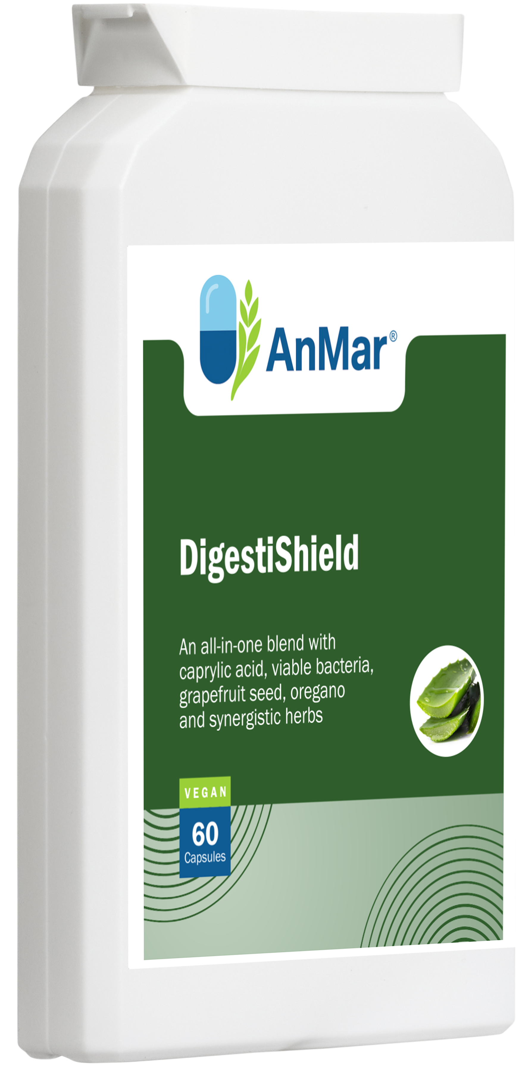 Angled front view of AnMar™ DigestiShield bottle showing blue and white label, highlighting key ingredients like caprylic acid, probiotics, grapefruit seed, and oregano for digestive health.