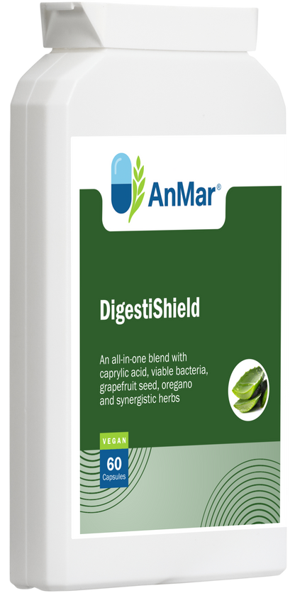 Angled front view of AnMar™ DigestiShield bottle showing blue and white label, highlighting key ingredients like caprylic acid, probiotics, grapefruit seed, and oregano for digestive health.