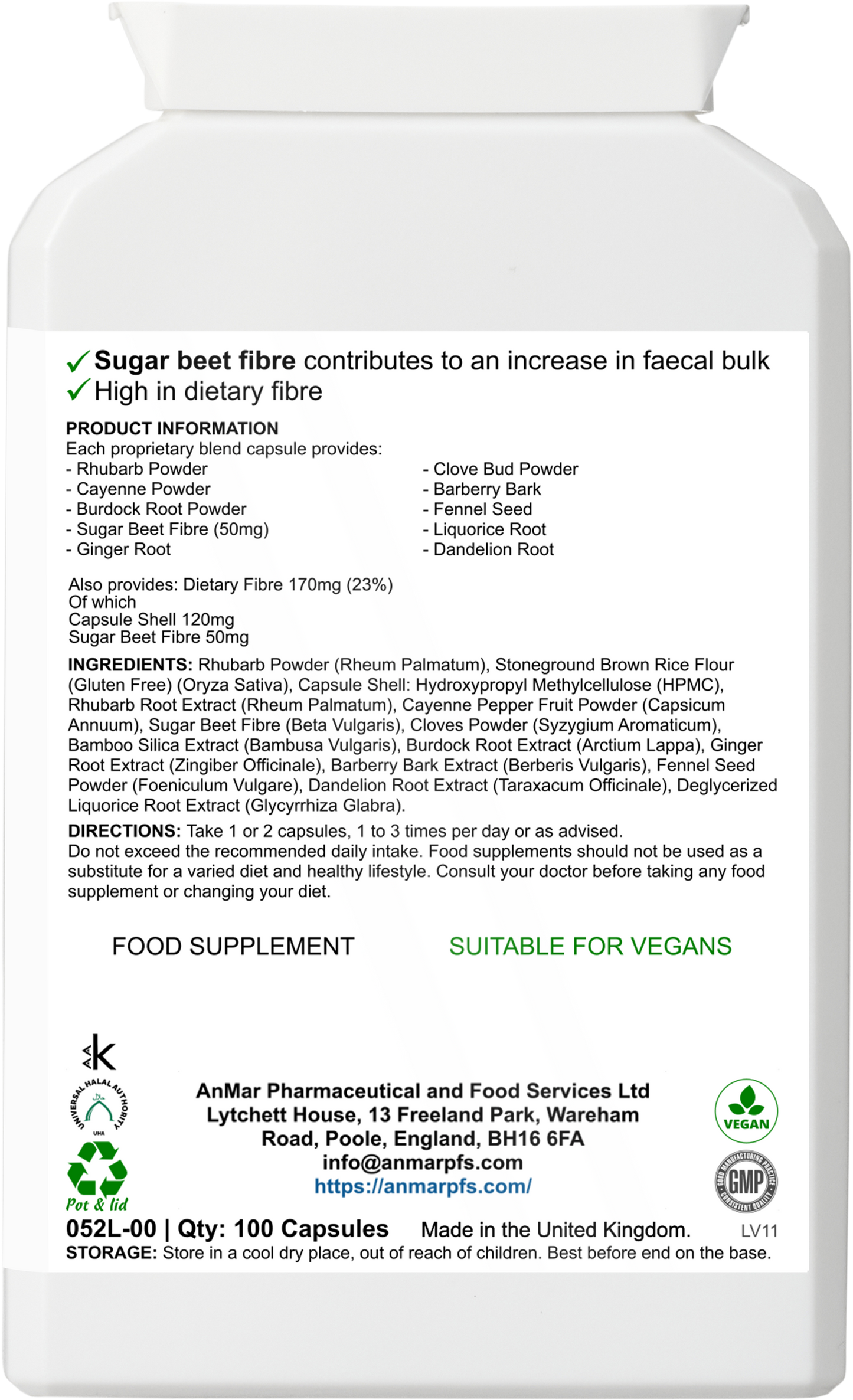 Back label of AnMar™ Digesticlean A showing ingredients list, dosage directions, dietary fibre content, and vegan suitability. Contains herbal extracts and sugar beet fibre.