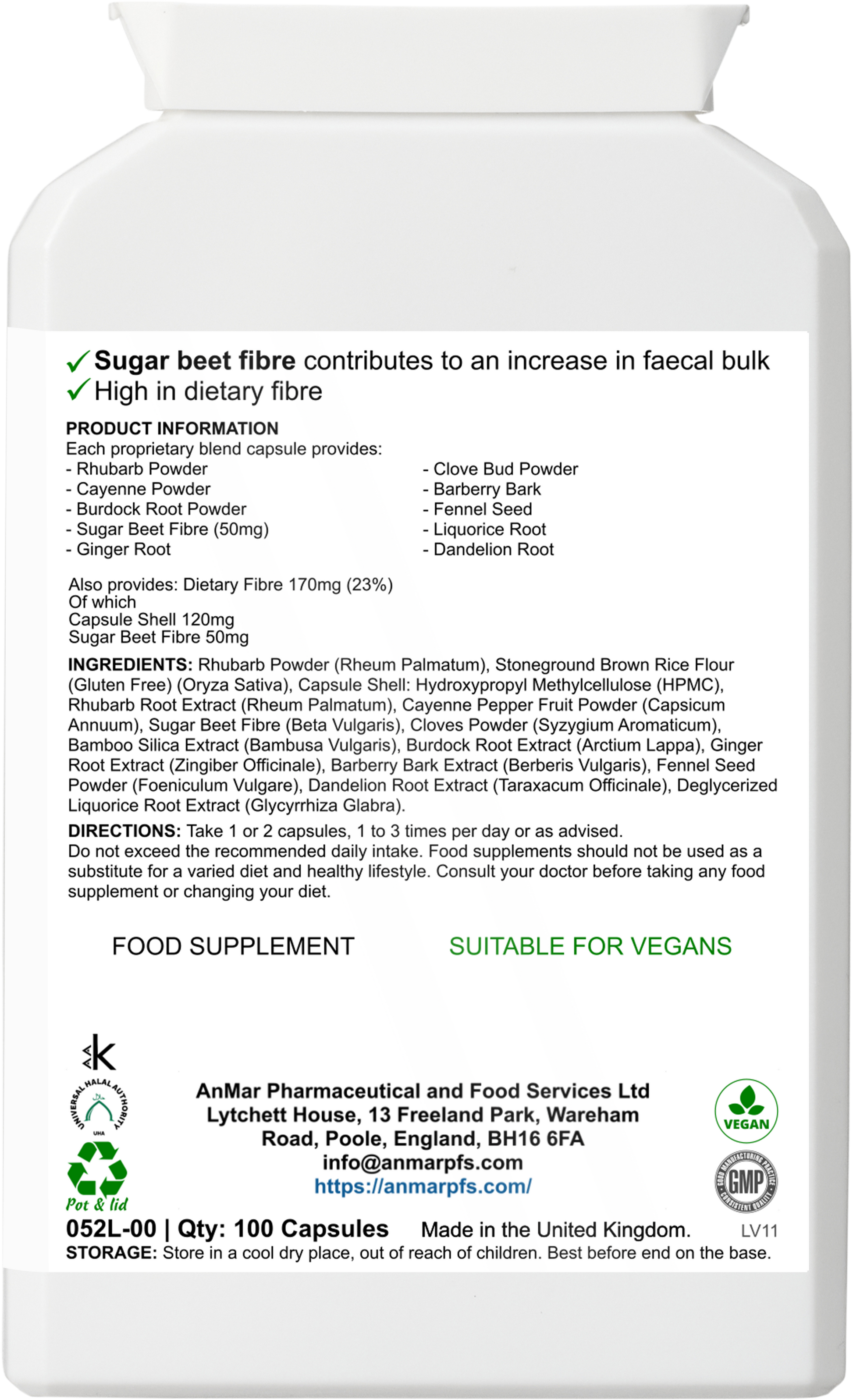 Back label of AnMar™ Digesticlean A showing ingredients list, dosage directions, dietary fibre content, and vegan suitability. Contains herbal extracts and sugar beet fibre.