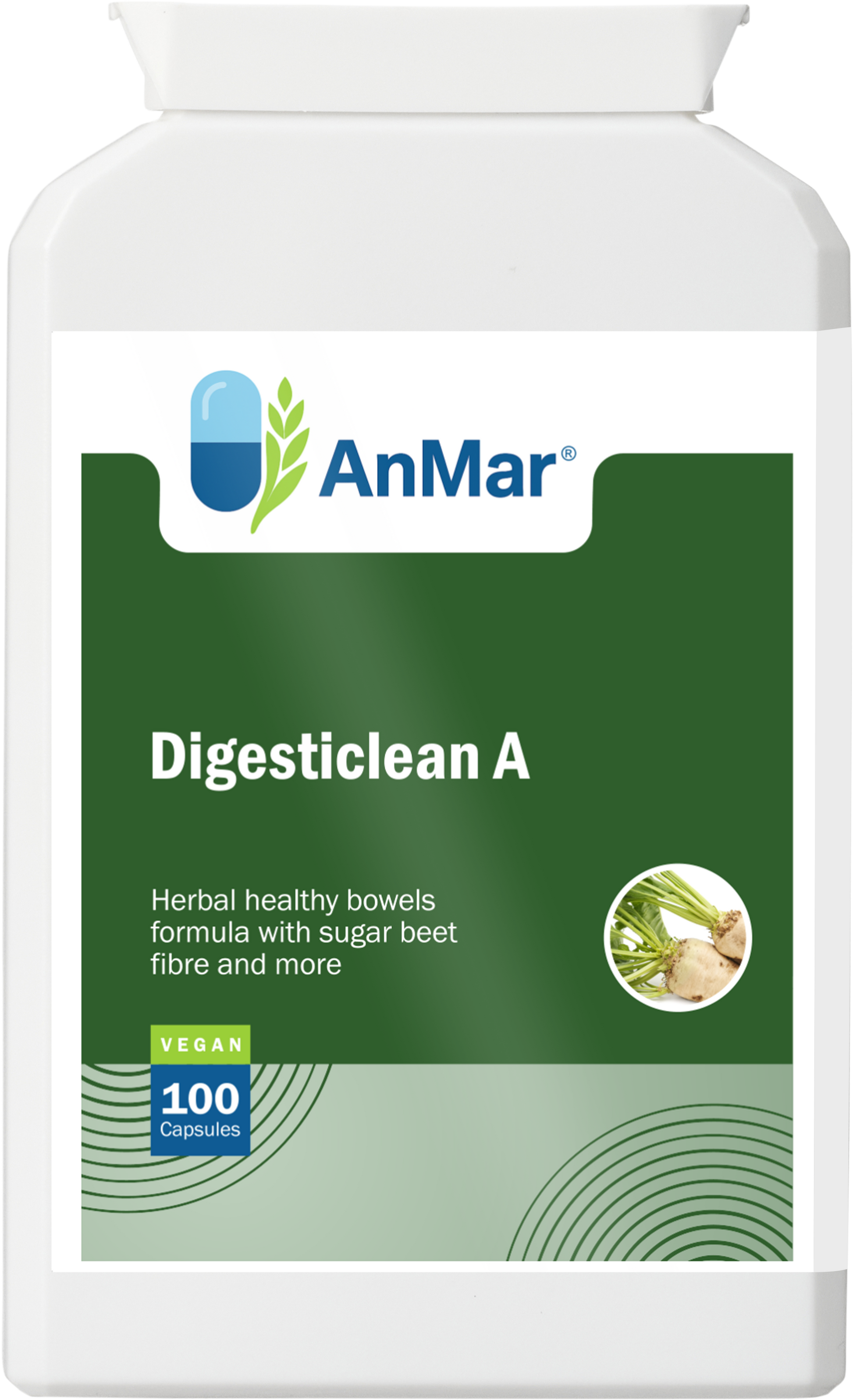Front view of AnMar™ Digesticlean A bottle showing vegan digestive health supplement with sugar beet fibre, designed to support healthy bowels.