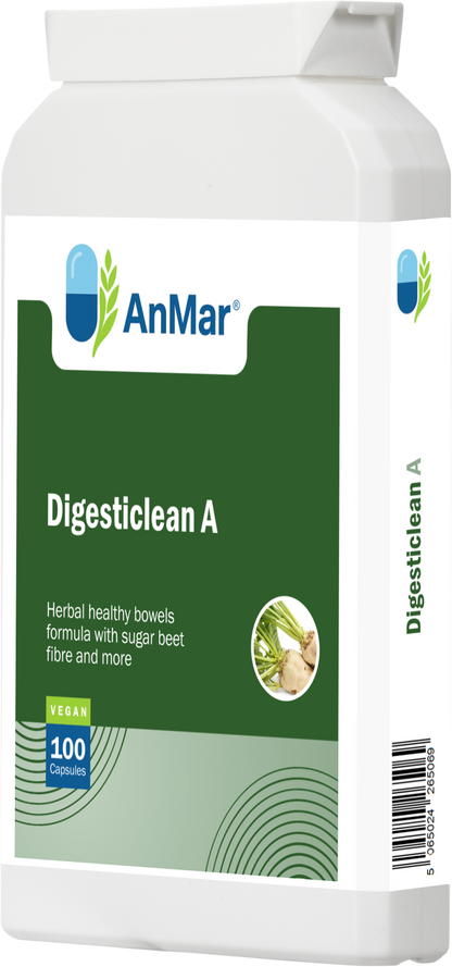 Angled front view of AnMar Digesticlean A supplement bottle, highlighting its vegan-friendly digestive support formula with sugar beet fibre.