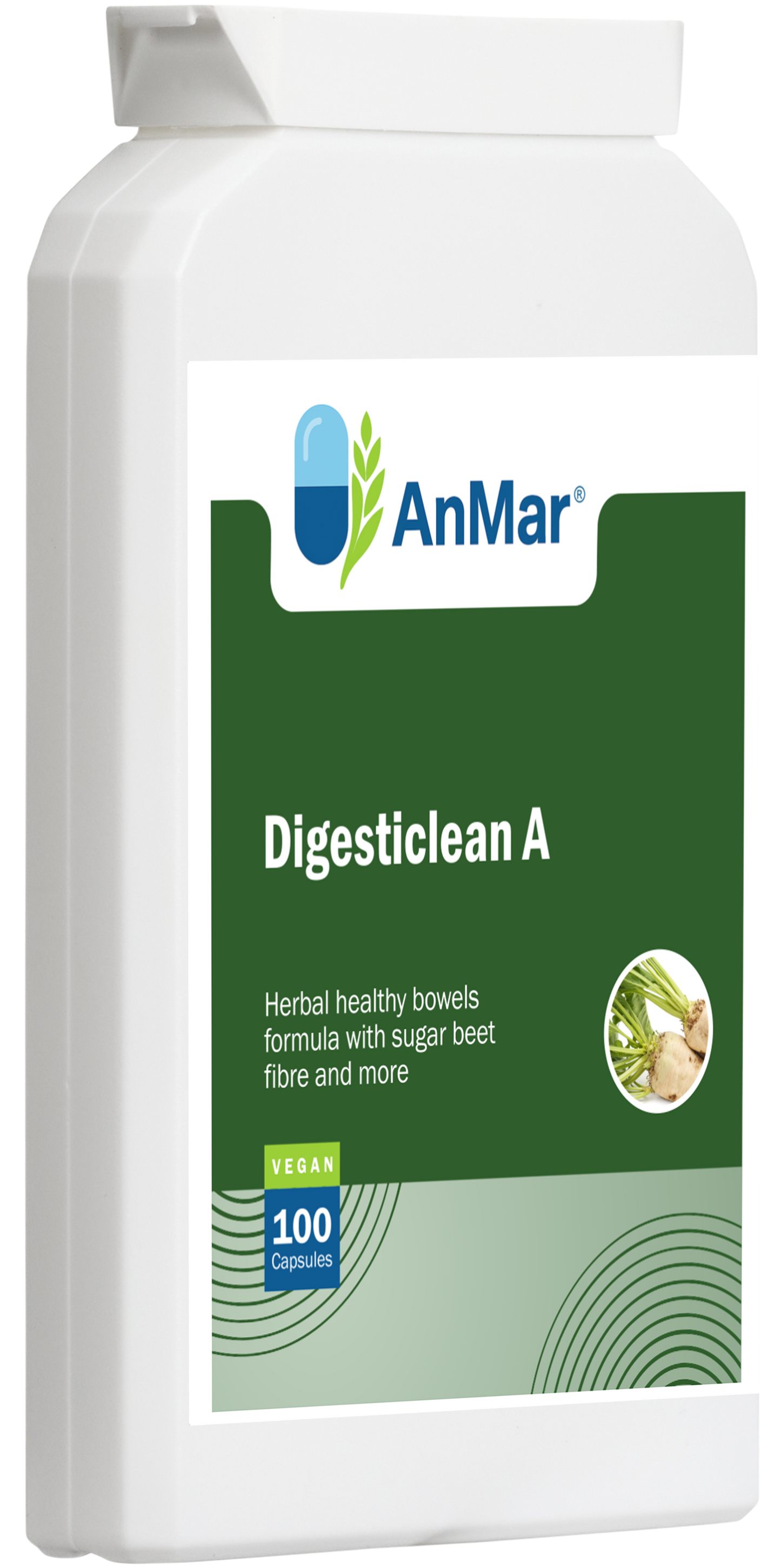 Front view of AnMar™ Digesticlean A supplement bottle, featuring a herbal healthy bowels formula with sugar beet fibre and more, in a 100-capsule vegan pack.