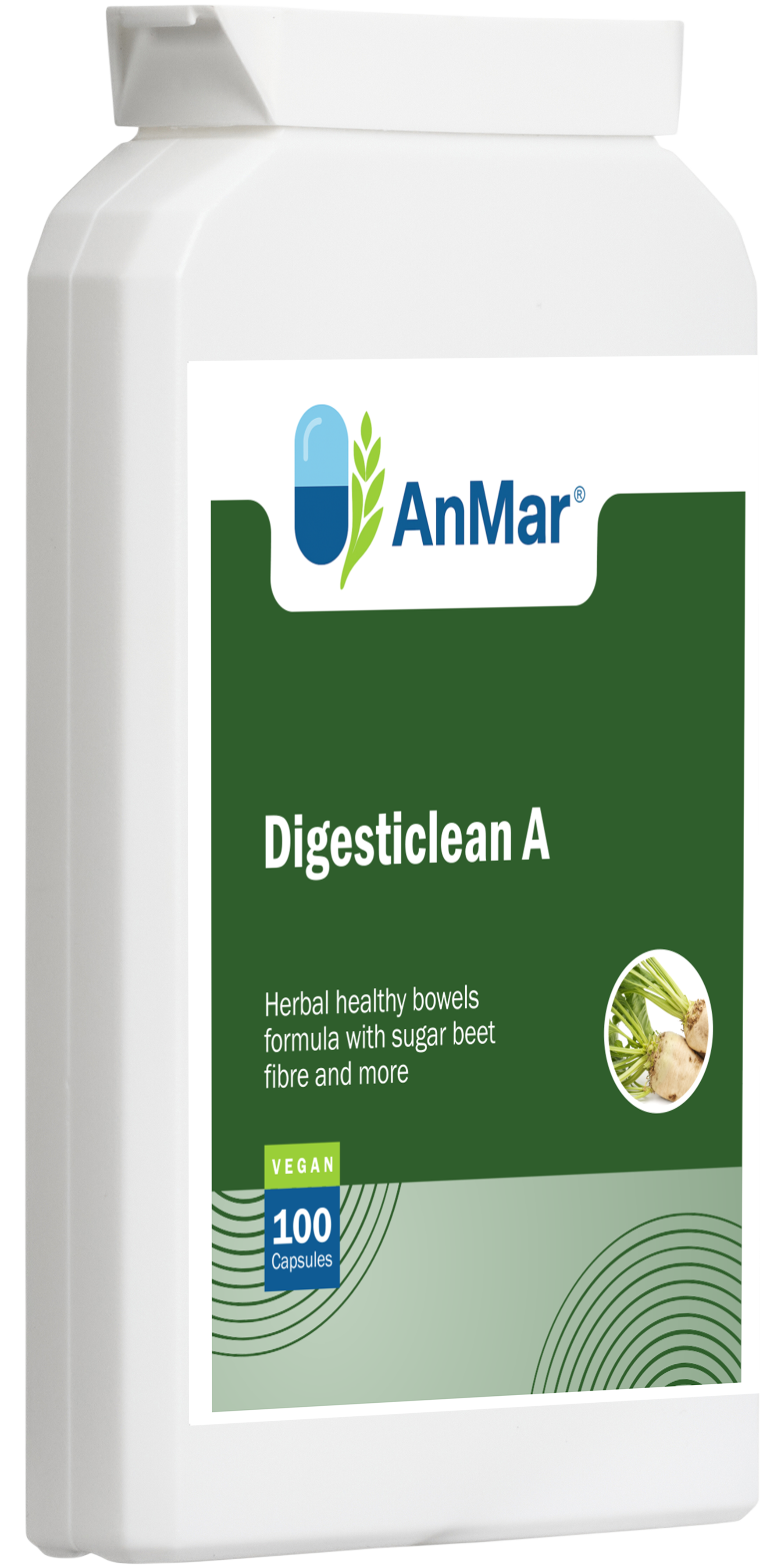 Front view of AnMar™ Digesticlean A supplement bottle, featuring a herbal healthy bowels formula with sugar beet fibre and more, in a 100-capsule vegan pack.
