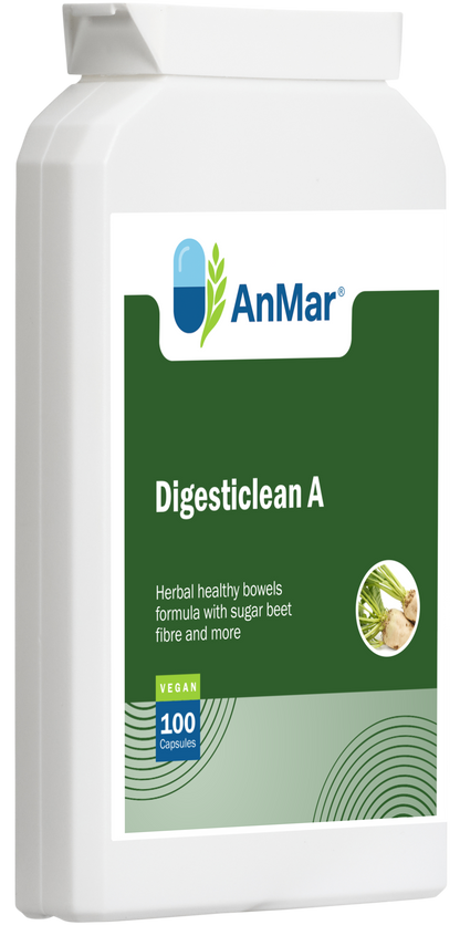 Front view of AnMar™ Digesticlean A supplement bottle, featuring a herbal healthy bowels formula with sugar beet fibre and more, in a 100-capsule vegan pack.