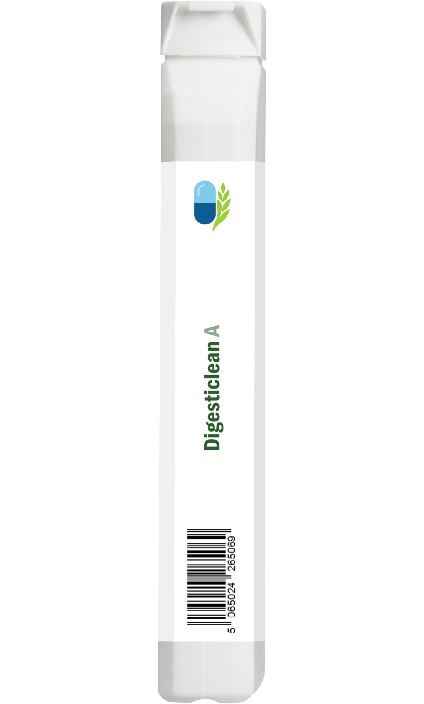 Side view of AnMar Digesticlean A supplement bottle showing barcode and label details. Herbal healthy bowels formula with sugar beet fibre in a 100 vegan capsules pack.