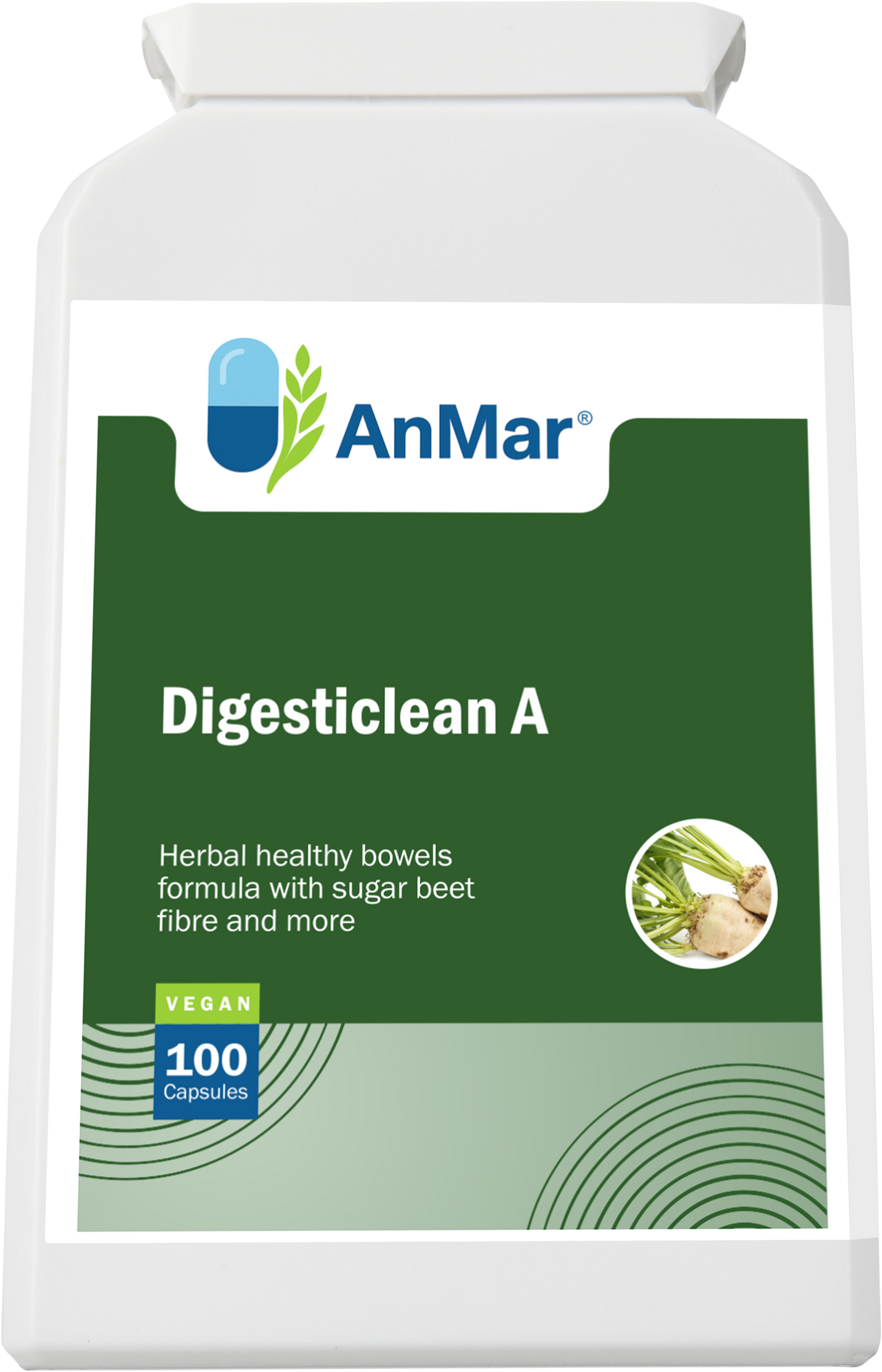 Flat front-facing label of AnMar™ Digesticlean A, a vegan supplement for bowel health with sugar beet fibre and synergistic herbs.
