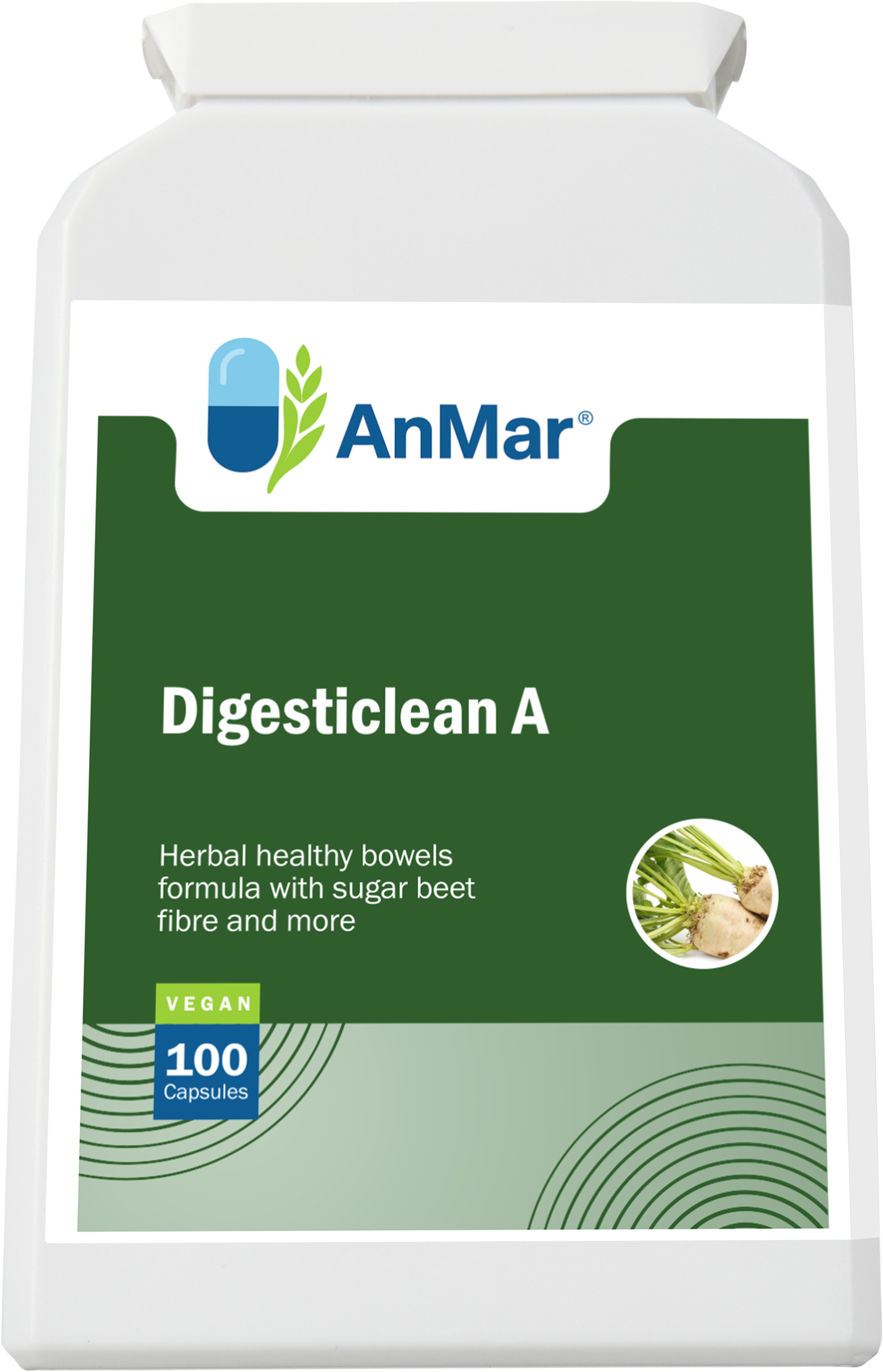 Flat front-facing label of AnMar™ Digesticlean A, a vegan supplement for bowel health with sugar beet fibre and synergistic herbs.
