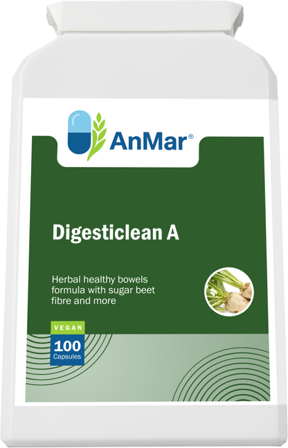 Flat front-facing label of AnMar™ Digesticlean A, a vegan supplement for bowel health with sugar beet fibre and synergistic herbs.
