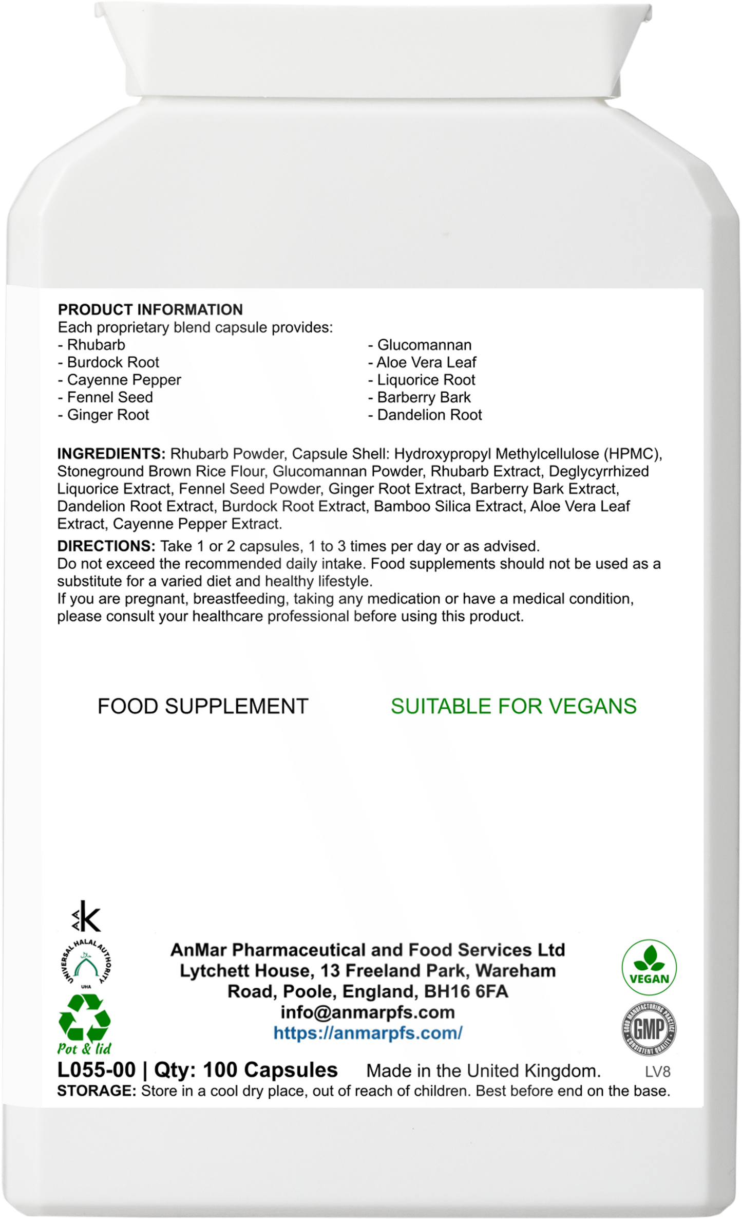 Back label of AnMar™ Digesticlean B supplement bottle listing ingredients like glucomannan, aloe vera, liquorice root, and directions for use. Suitable for vegans.