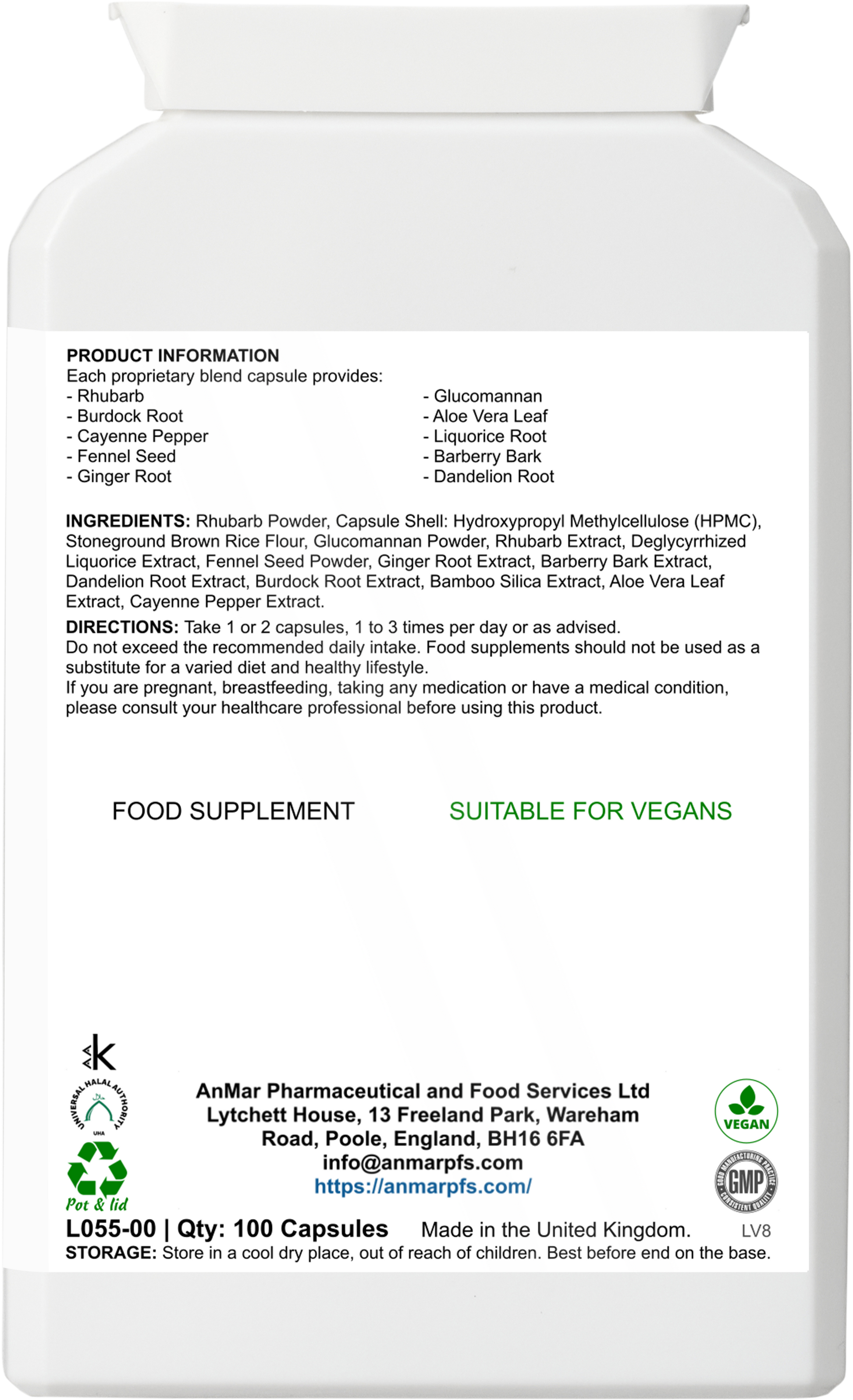 Back label of AnMar™ Digesticlean B supplement bottle listing ingredients like glucomannan, aloe vera, liquorice root, and directions for use. Suitable for vegans.
