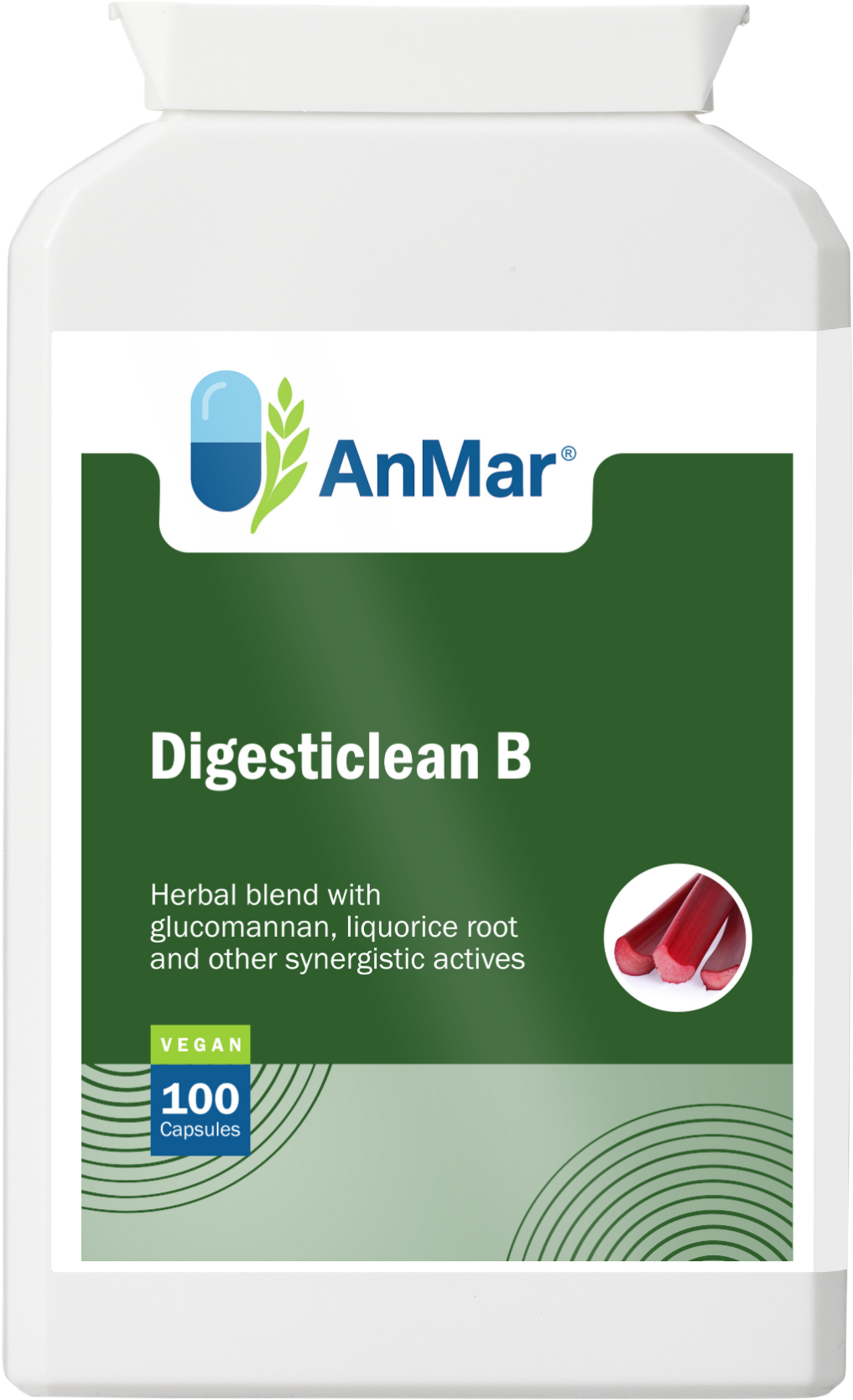 Front view of AnMar™ Digesticlean B bottle featuring herbal blend with glucomannan and liquorice root – 100 vegan capsules.