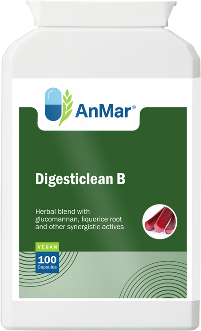 Front view of AnMar™ Digesticlean B bottle featuring herbal blend with glucomannan and liquorice root – 100 vegan capsules.