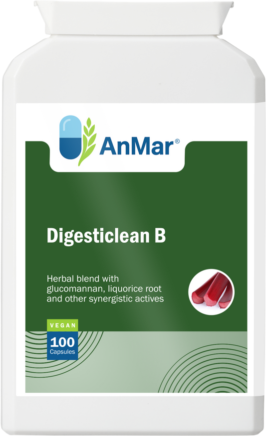 Front view of AnMar™ Digesticlean B bottle featuring herbal blend with glucomannan and liquorice root – 100 vegan capsules.