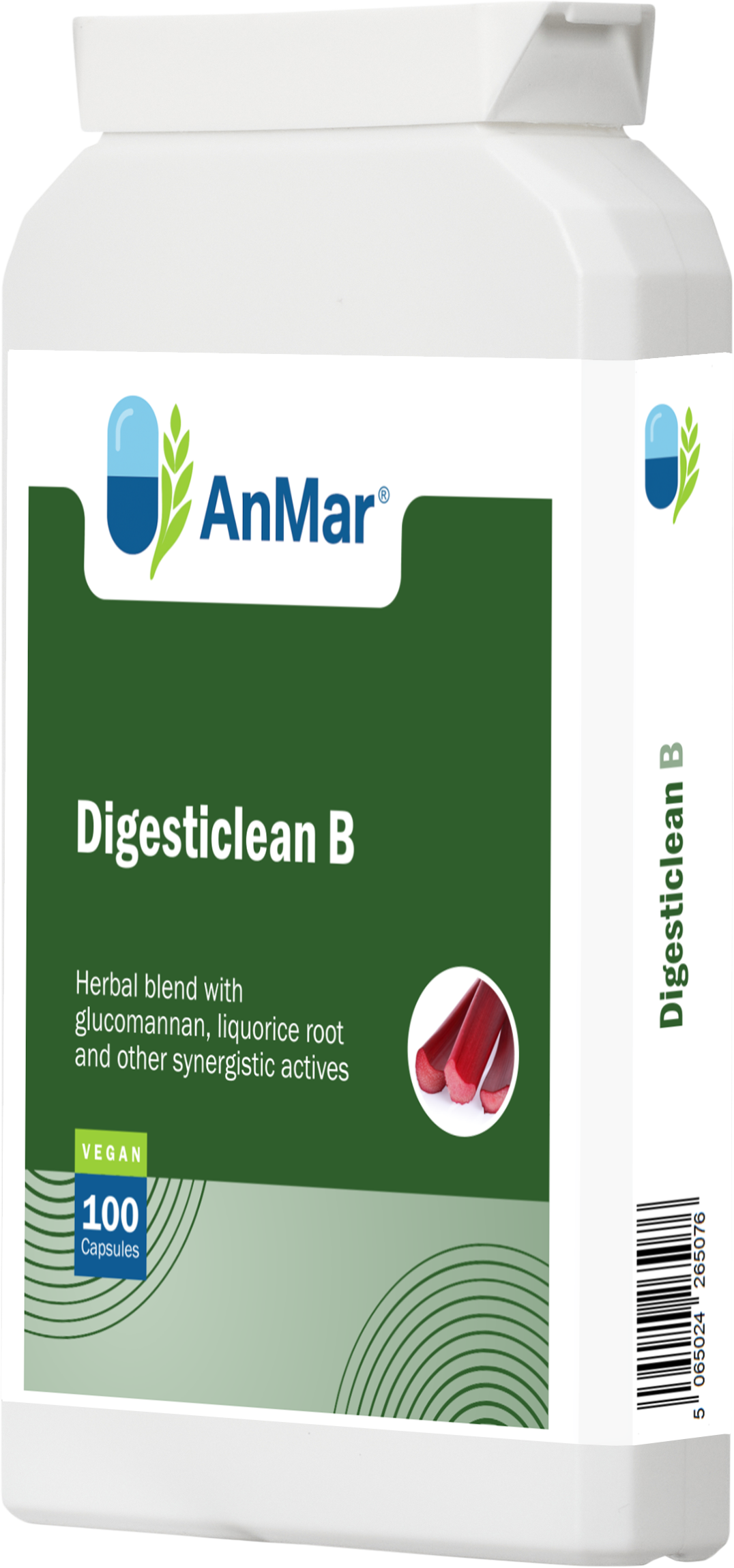 Right-side view of AnMar™ Digesticlean B supplement bottle showing product label with glucomannan, liquorice root, and other synergistic actives. Vegan-friendly, 100 capsules.