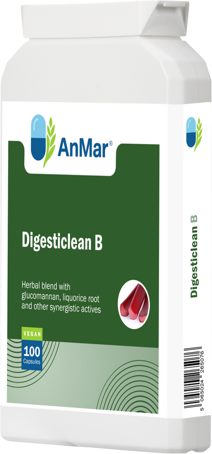 Right-side view of AnMar™ Digesticlean B supplement bottle showing product label with glucomannan, liquorice root, and other synergistic actives. Vegan-friendly, 100 capsules.