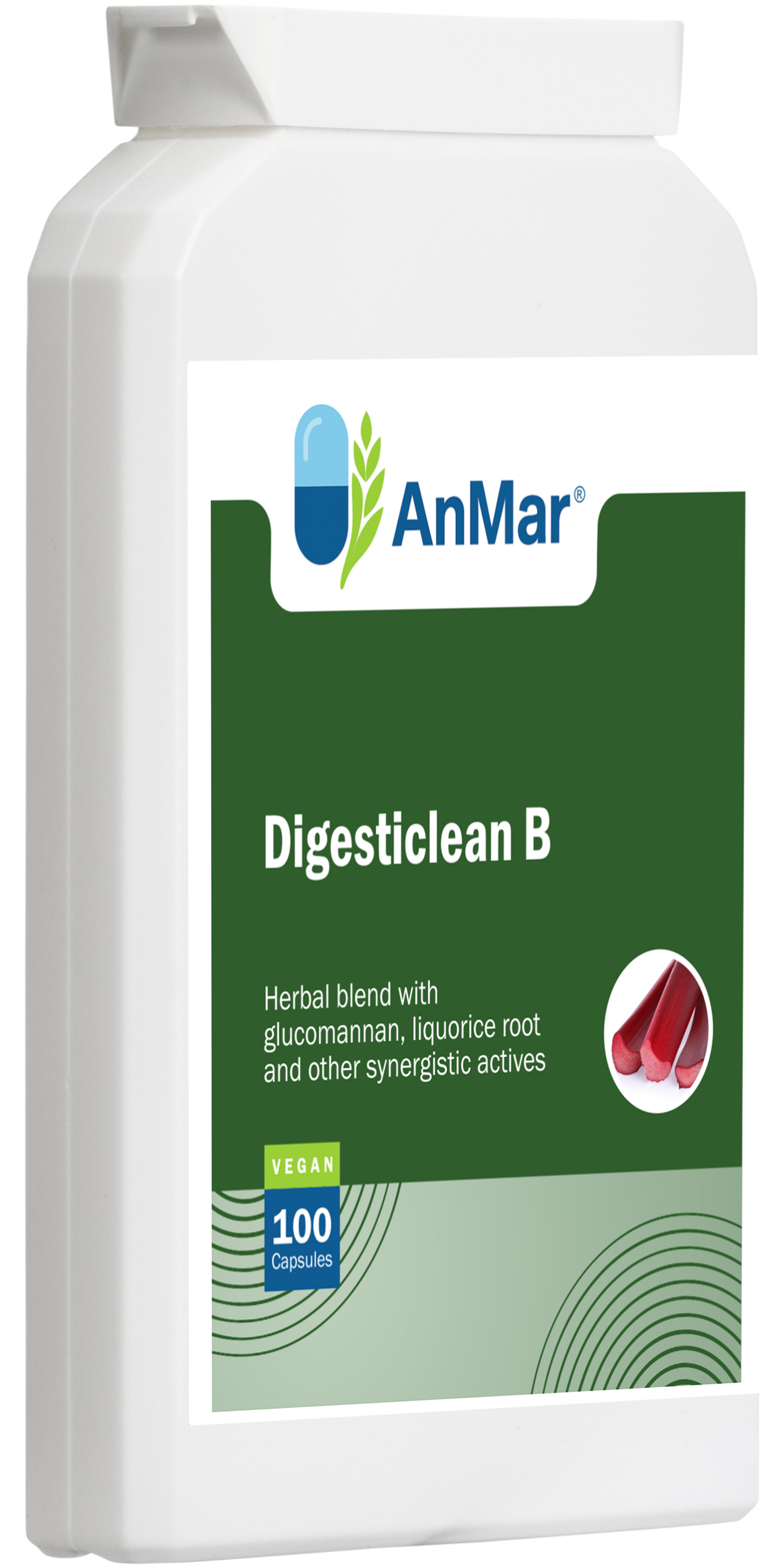 Angled view of AnMar™ Digesticlean B supplement bottle with vegan label – herbal blend with glucomannan and liquorice root.