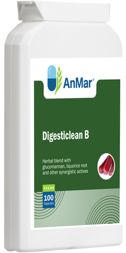 Angled view of AnMar™ Digesticlean B supplement bottle with vegan label – herbal blend with glucomannan and liquorice root.