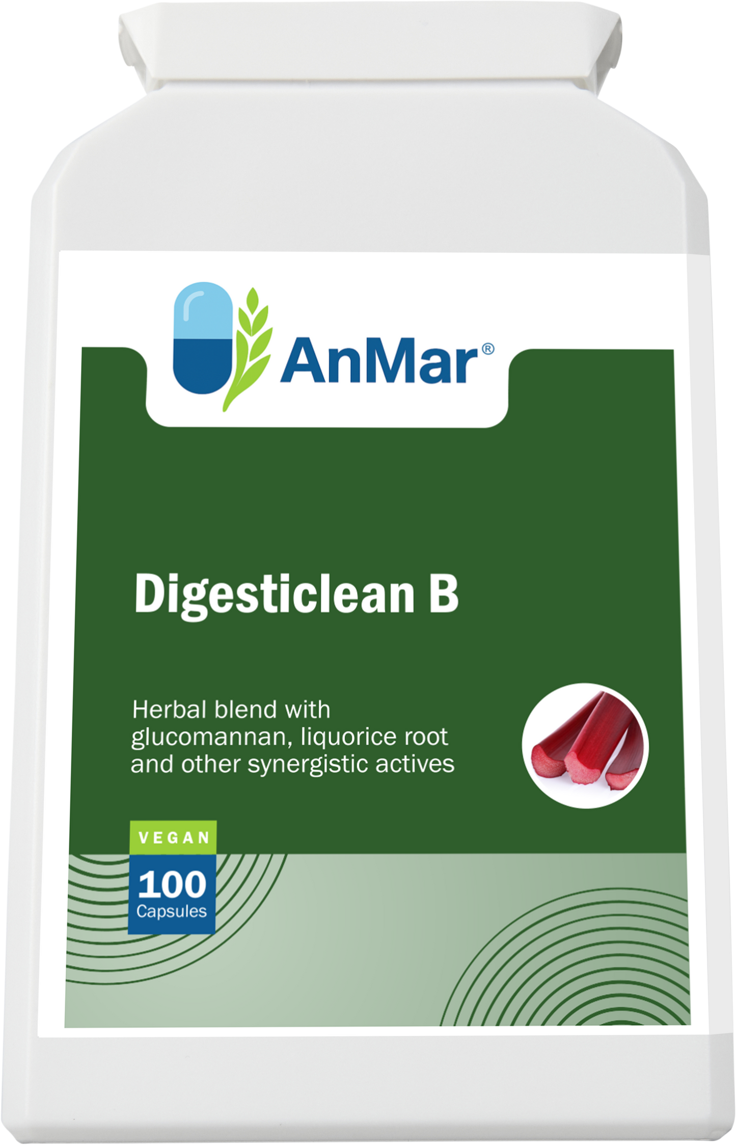 Flat front label of AnMar™ Digesticlean B bottle showing glucomannan and liquorice root formula – 100 vegan capsules.