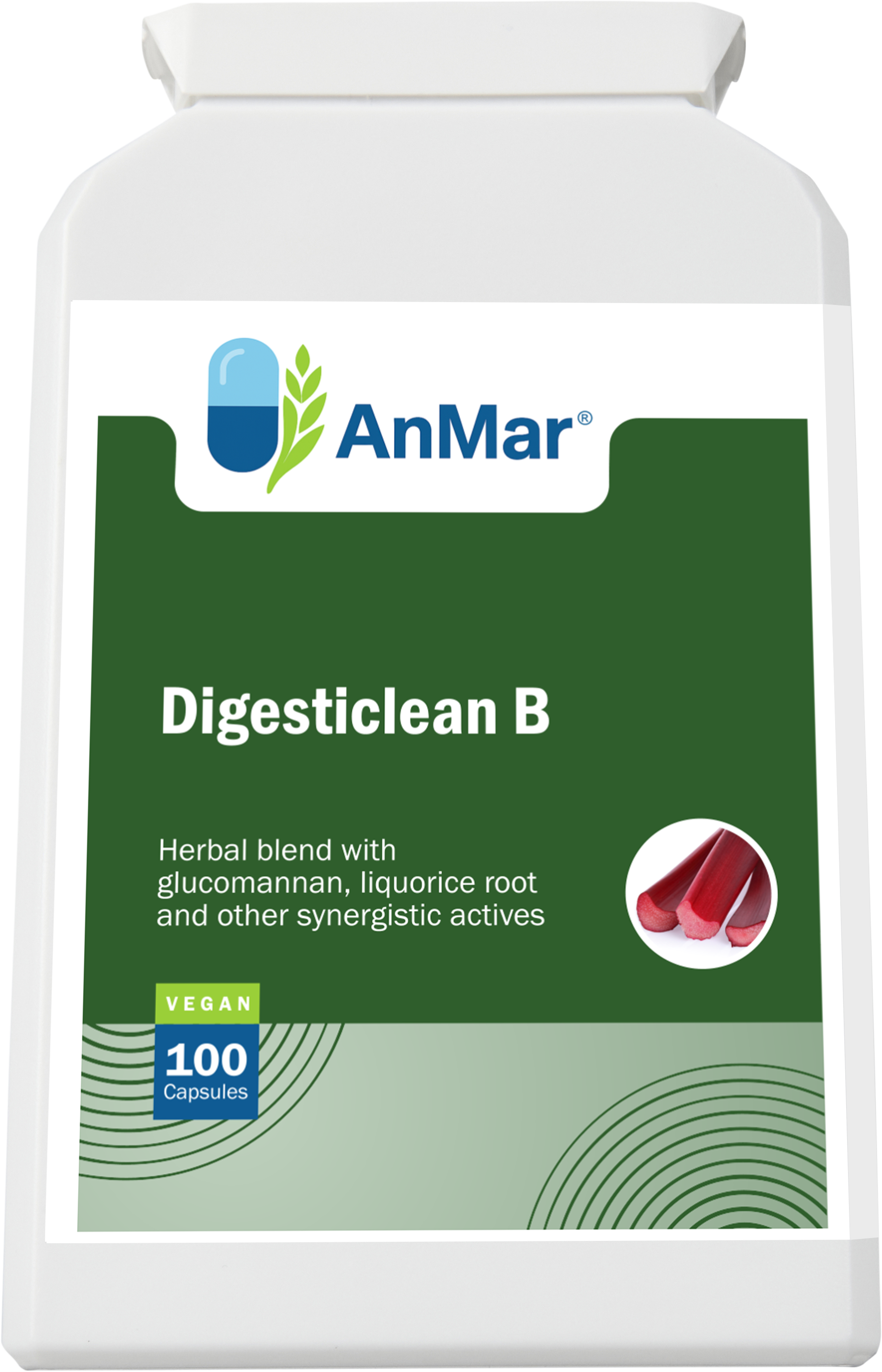 Flat front label of AnMar™ Digesticlean B bottle showing glucomannan and liquorice root formula – 100 vegan capsules.