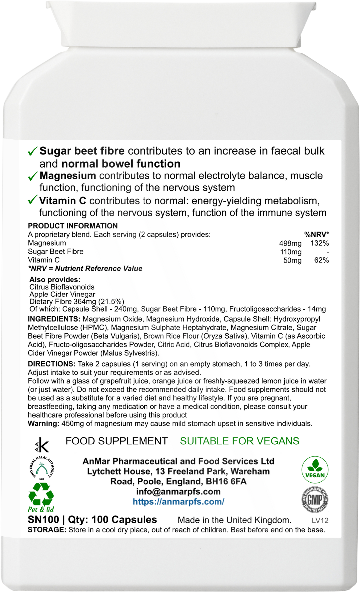 Back label of AnMar™ Digesticlean Pro Mg showing supplement facts, ingredients, directions for use, and health claims. Vegan digestive formula with magnesium, beet fibre, and vitamin C.