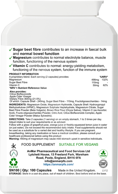 Back label of AnMar™ Digesticlean Pro Mg showing supplement facts, ingredients, directions for use, and health claims. Vegan digestive formula with magnesium, beet fibre, and vitamin C.