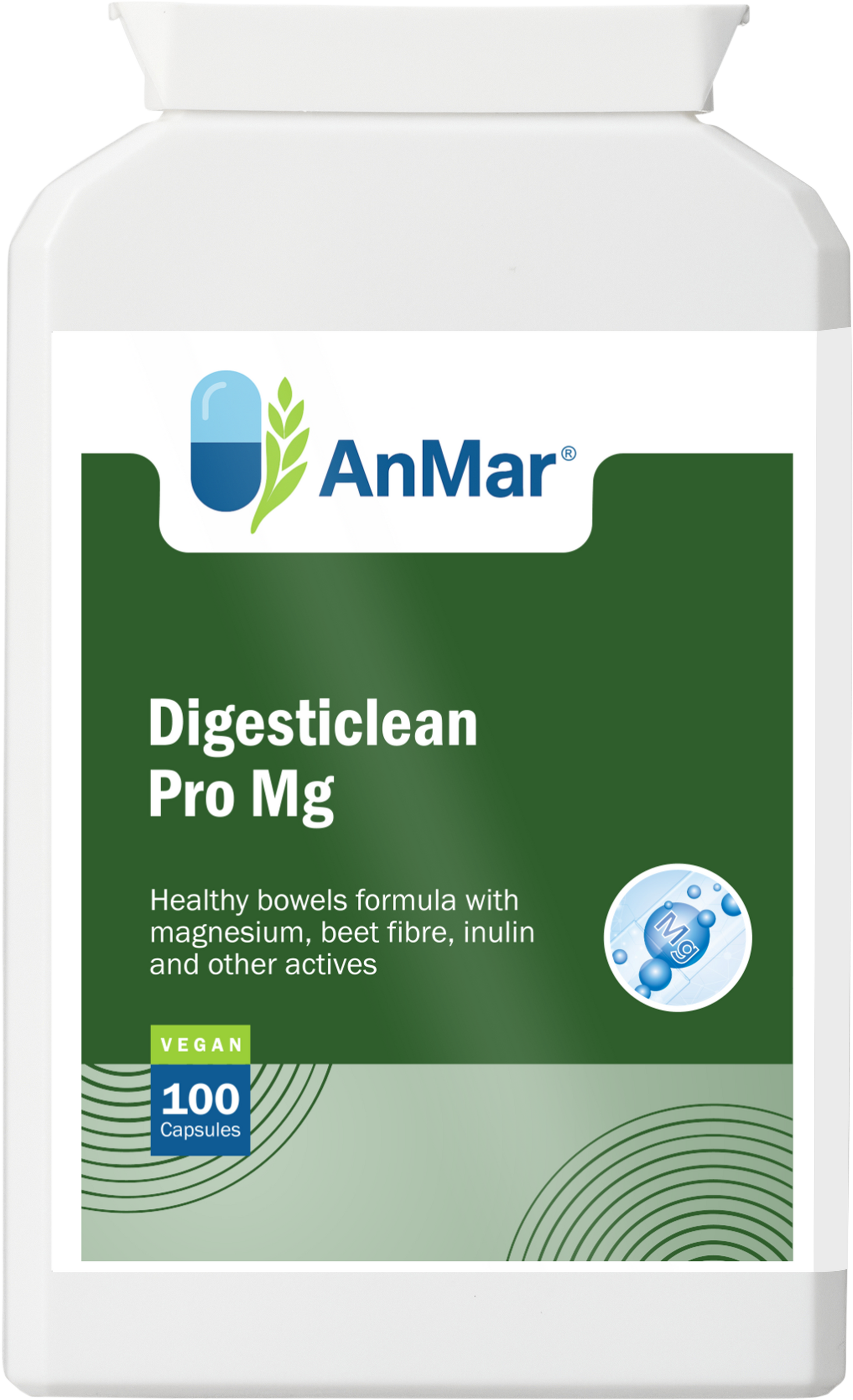 Front-facing view of AnMar™ Digesticlean Pro Mg supplement, featuring 100 vegan capsules with magnesium, beet fibre, inulin, and active ingredients for digestive health.