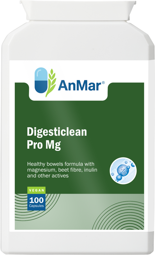 Front-facing view of AnMar™ Digesticlean Pro Mg supplement, featuring 100 vegan capsules with magnesium, beet fibre, inulin, and active ingredients for digestive health.