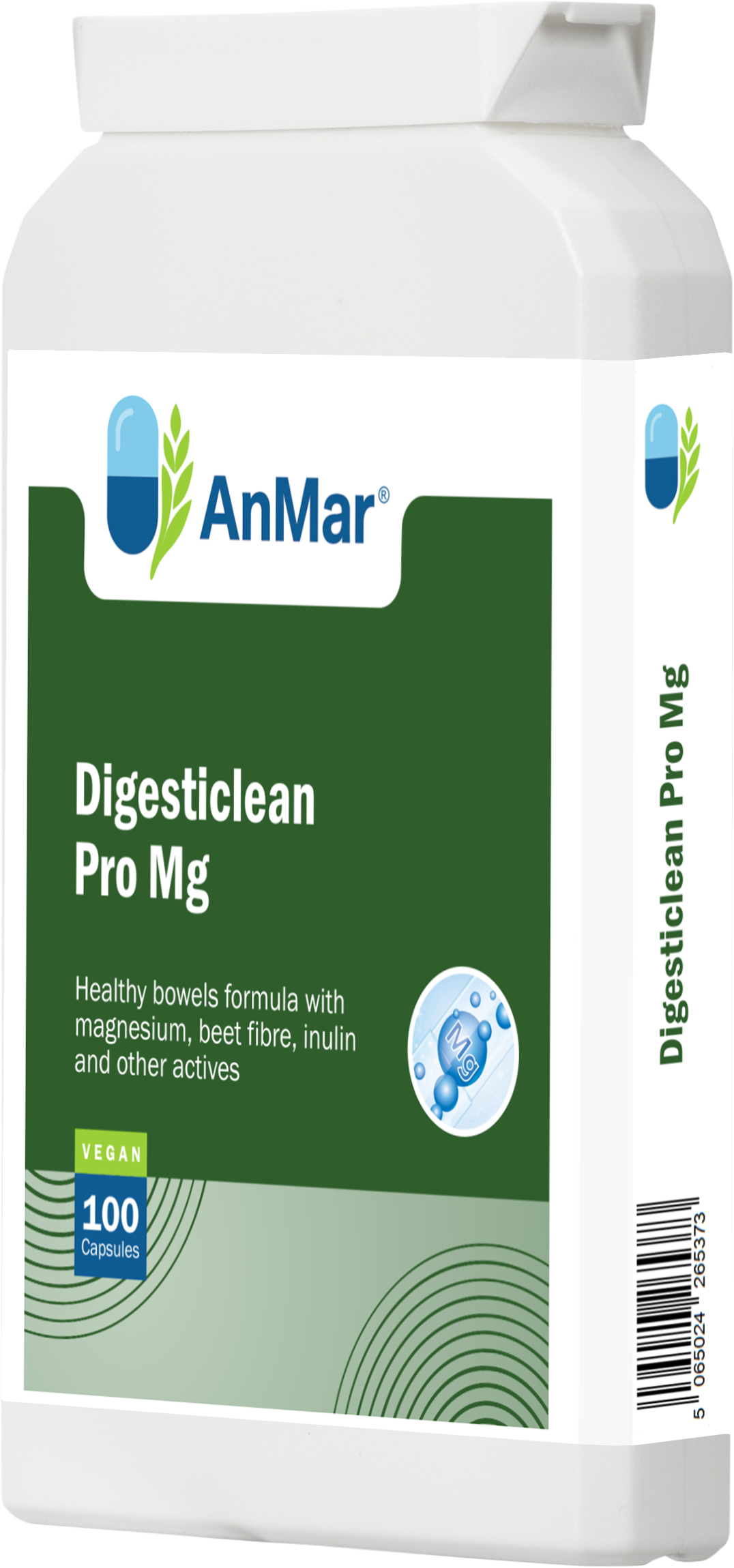 Angled front-right view of AnMar™ Digesticlean Pro Mg supplement bottle. Vegan-friendly bowel health formula with magnesium, beet fibre, and inulin in a 100 capsule white container.