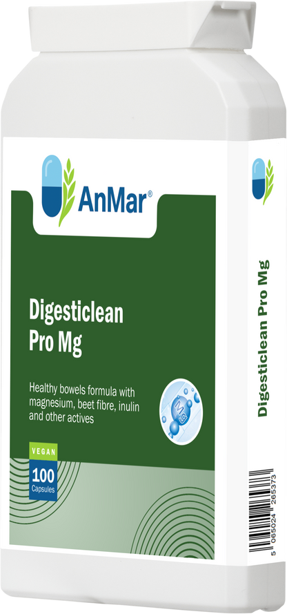 Angled front-right view of AnMar™ Digesticlean Pro Mg supplement bottle. Vegan-friendly bowel health formula with magnesium, beet fibre, and inulin in a 100 capsule white container.