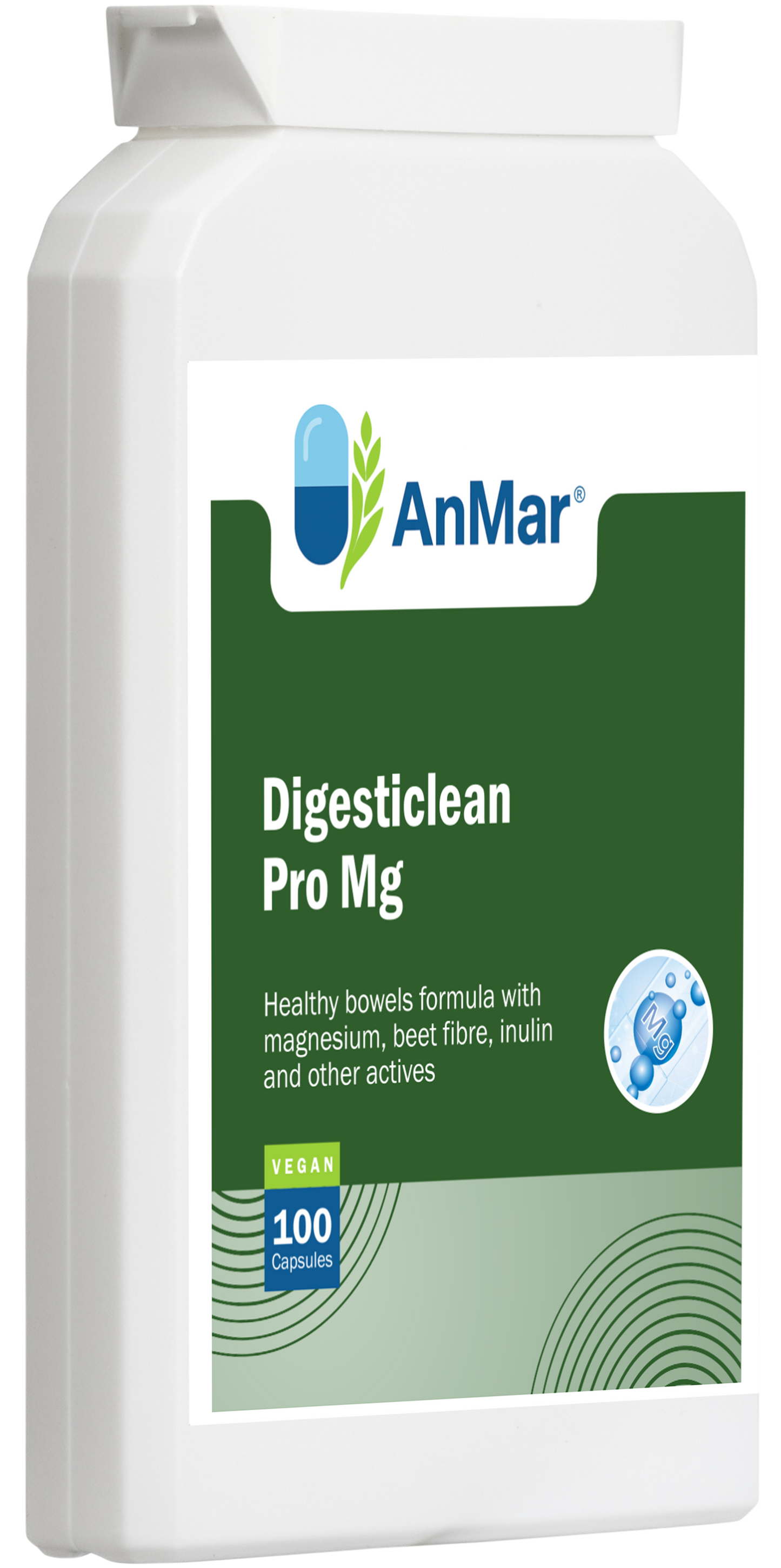 Angled front-left view of AnMar™ Digesticlean Pro Mg bottle. Vegan digestive health supplement with magnesium, beet fibre, and inulin. 100 capsules in white plastic container.
