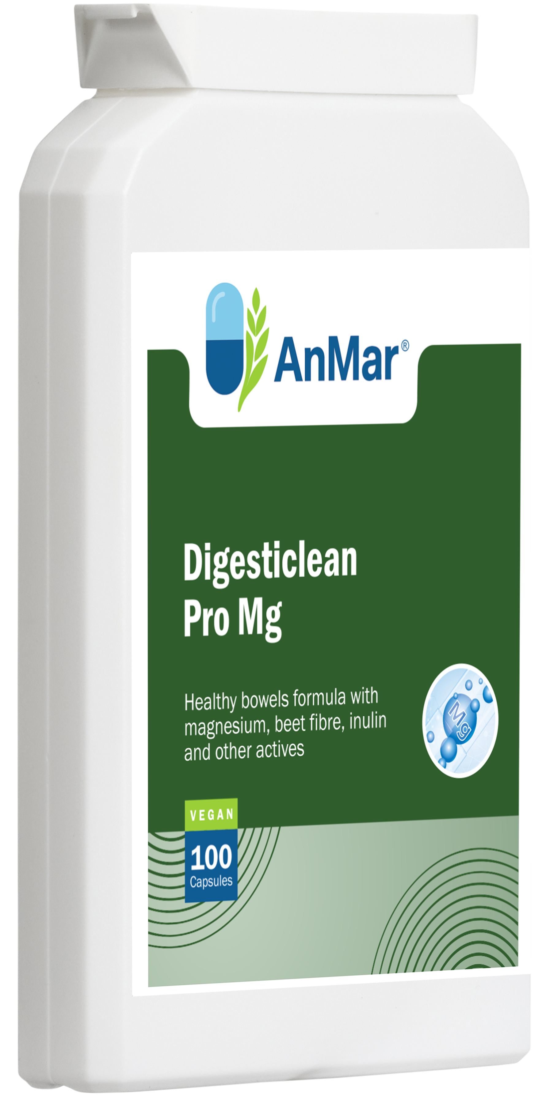 Angled front-left view of AnMar™ Digesticlean Pro Mg bottle. Vegan digestive health supplement with magnesium, beet fibre, and inulin. 100 capsules in white plastic container.