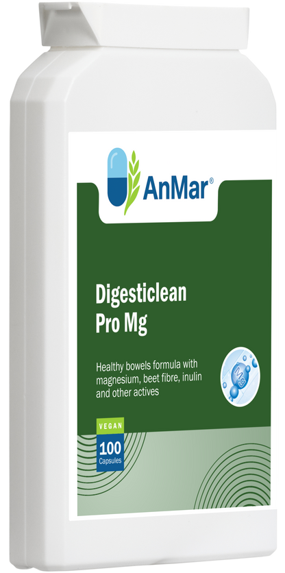 Angled front-left view of AnMar™ Digesticlean Pro Mg bottle. Vegan digestive health supplement with magnesium, beet fibre, and inulin. 100 capsules in white plastic container.